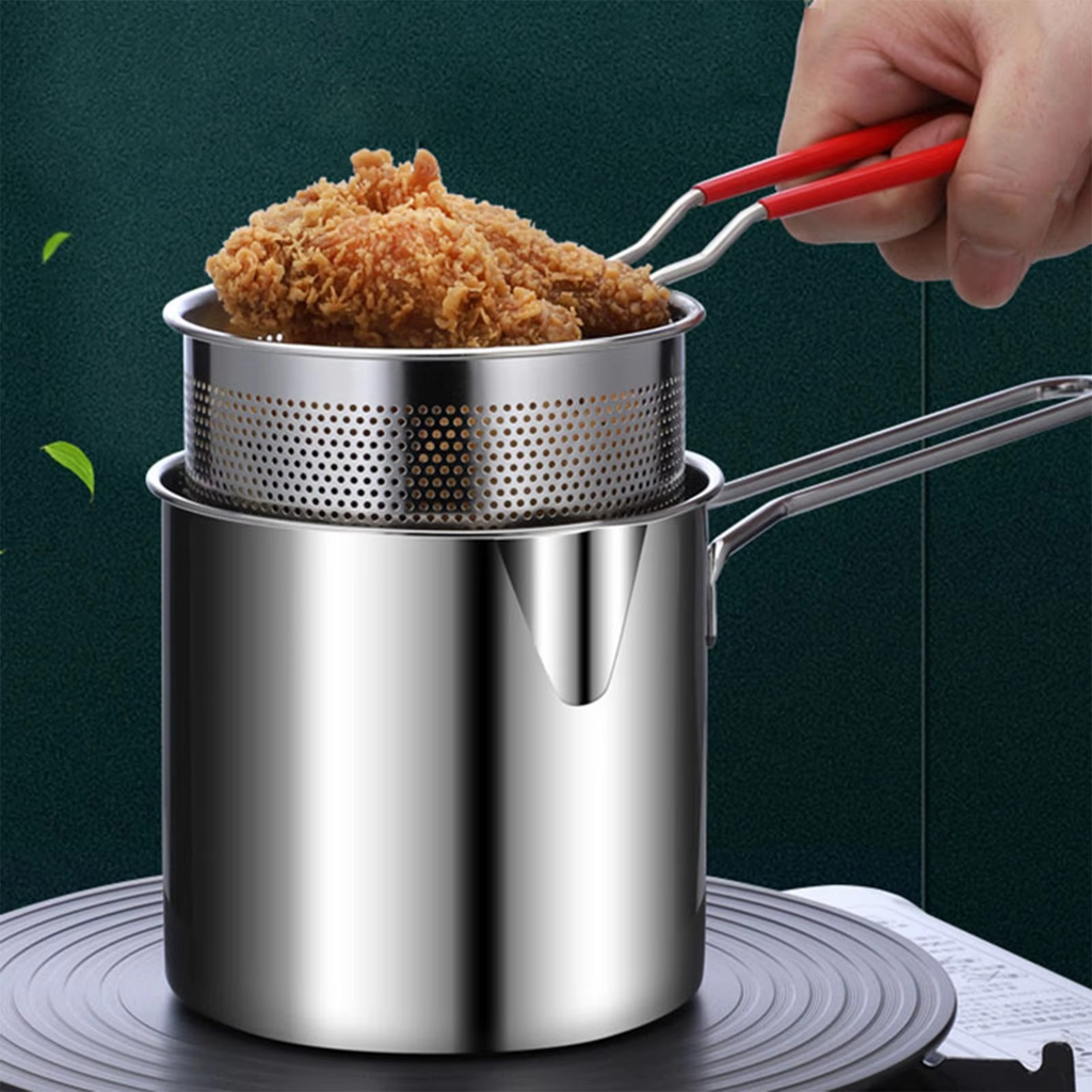lStainless Steel Deep Fryer Pot with Strainer – Heavy-Duty Frying Pan for Home Kitchen Use – 1200ML Oil Capacity