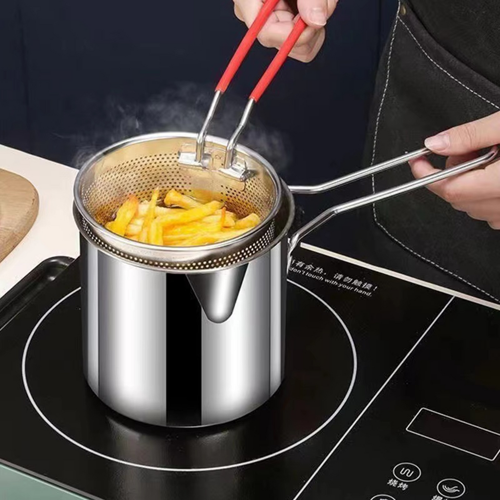 lStainless Steel Deep Fryer Pot with Strainer – Heavy-Duty Frying Pan for Home Kitchen Use – 1200ML Oil Capacity