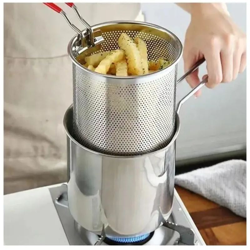 lStainless Steel Deep Fryer Pot with Strainer – Heavy-Duty Frying Pan for Home Kitchen Use – 1200ML Oil Capacity