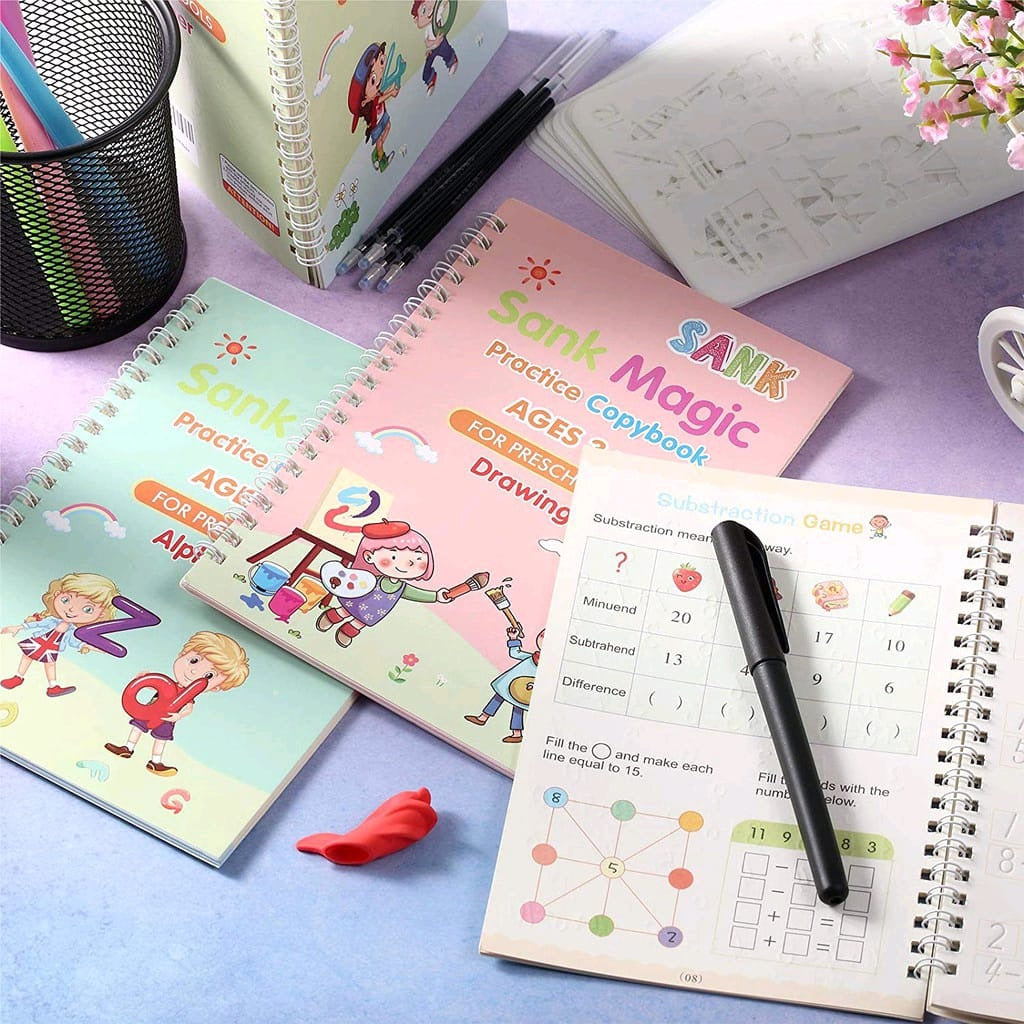 Sank Magic Practice Copybook | 4 Packs Reusable Writing Book | Disappearing Ink Pen | Number Tracing for Kids | 8 Pages