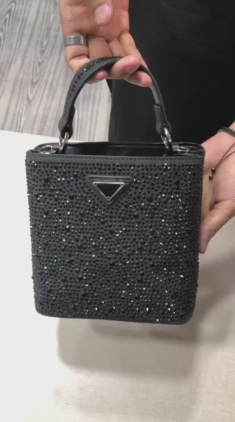 Luxury Rhinestone Mini Handbag for Women (8 × 7 Inches) – Stylish Sparkling Party Purse | Elegant Top Handle Bag for Weddings & Events (without box) (Black)